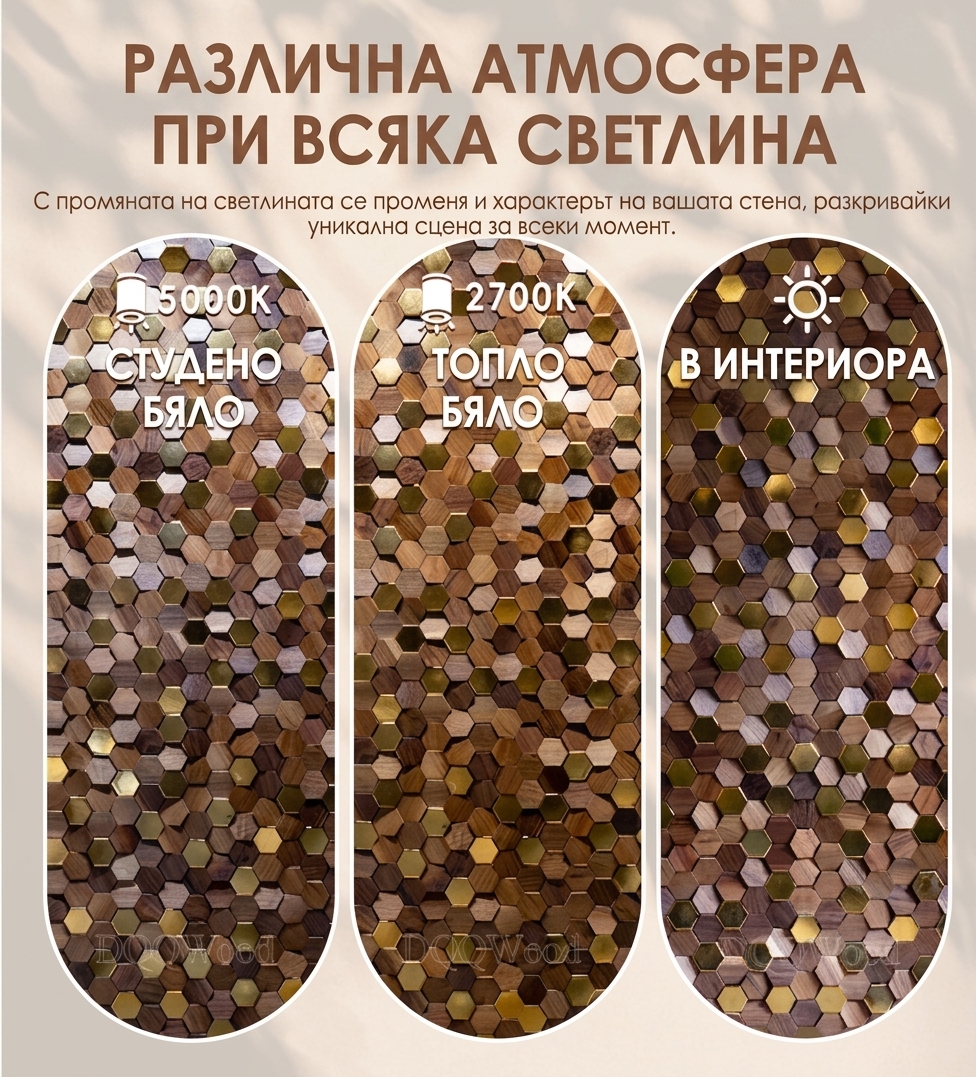 Инфографика, показваща декоративна 3D мозайка за стена от дърво и месинг под три вида осветление: студено бяло, топло бяло и естествена дневна светлина на закрито.