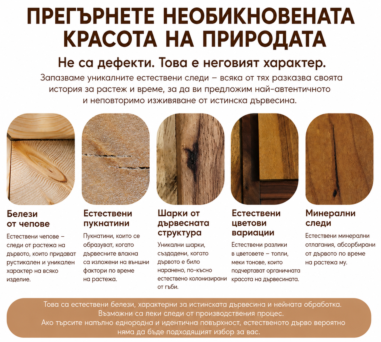 Инфографика, показваща естествените белези на дървесината – чепове, пукнатини, шарки, цветови вариации и минерални следи