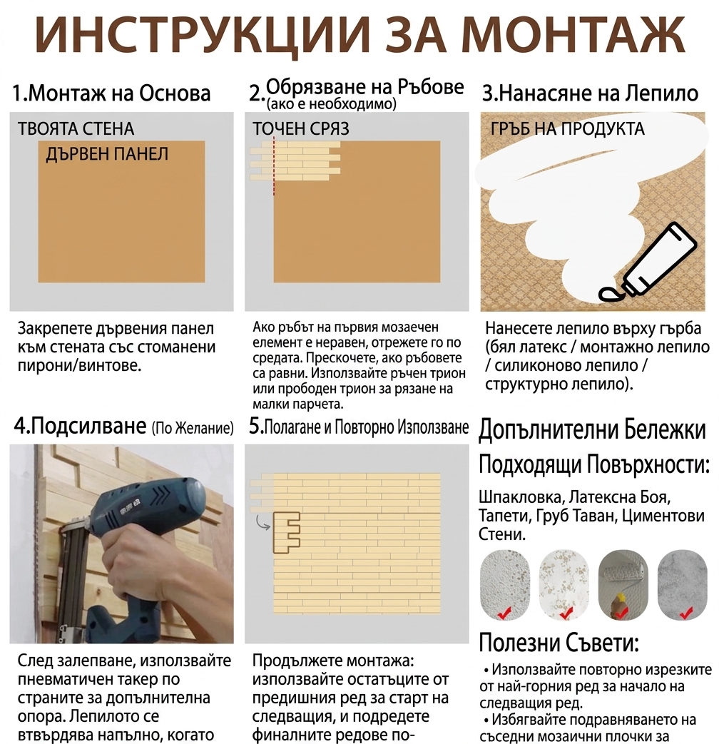 Ръководство стъпка по стъпка за монтаж на декоративна дървена мозайка върху носеща основа с монтажно лепило и пневматичен такер.
